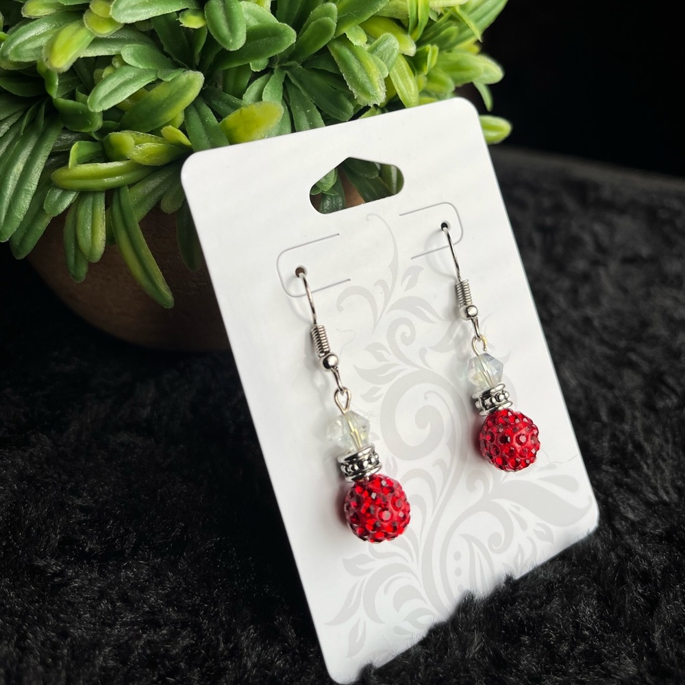Silver Bead and Red Crystal Pendant Earrings